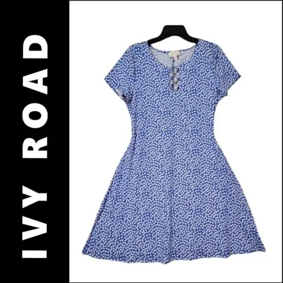 Ivy Road | Dresses | Ivy Road Blue Dress Size Large Women Polka Dot Short  Sleeve Fit Flare | Poshmark